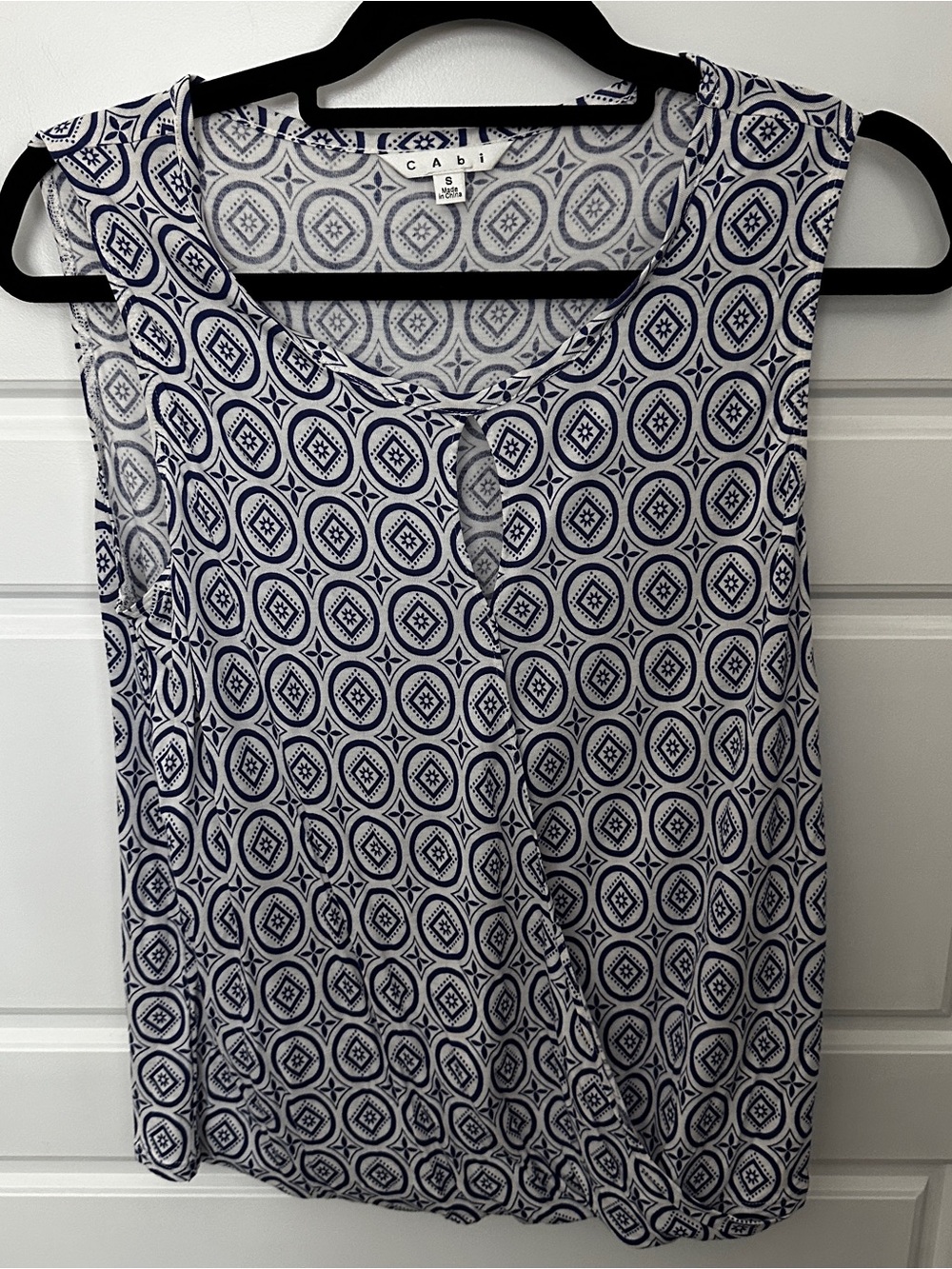 CAbi White Tank with Navy Circular Medallion Print